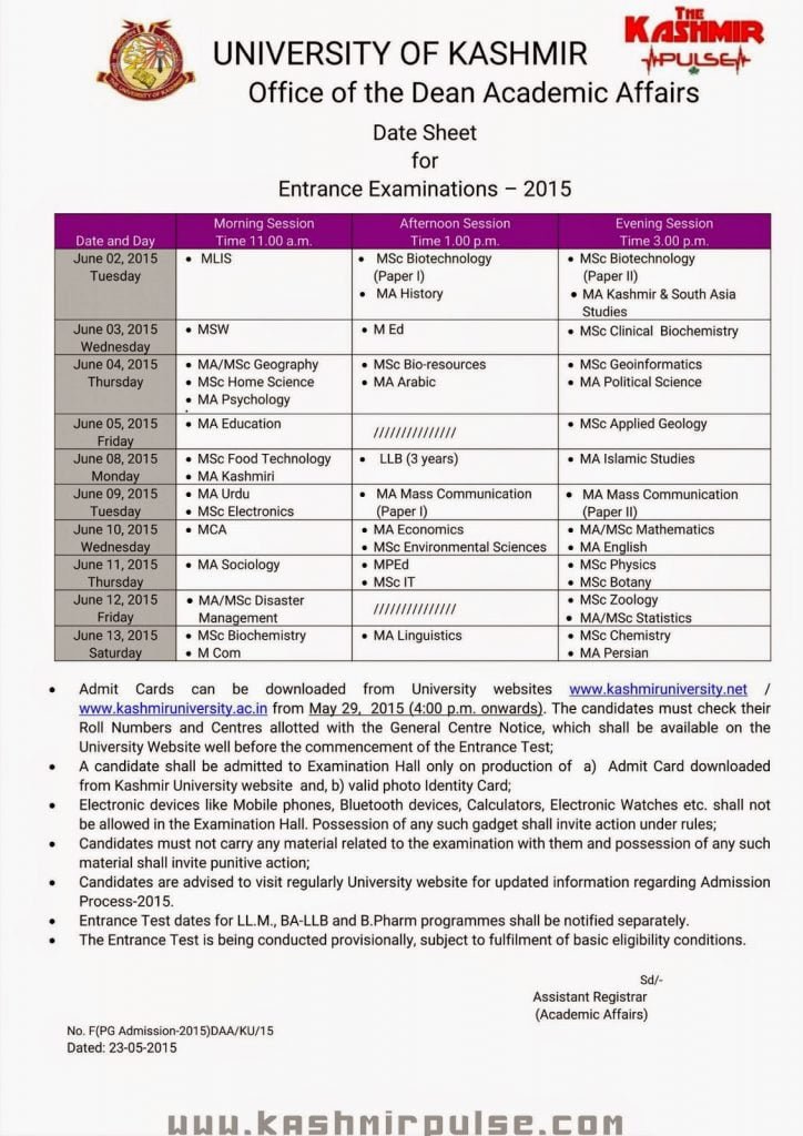 Date Sheet for Kashmir University Entrance Examination 2015