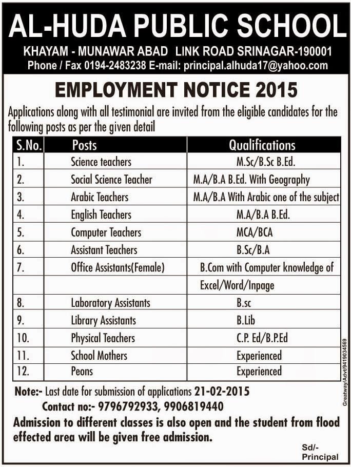 Al-Huda Public School Khayam has job vacancies