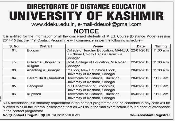Contact Programme schedule of M.Ed (Distance Mode) session 2014-15