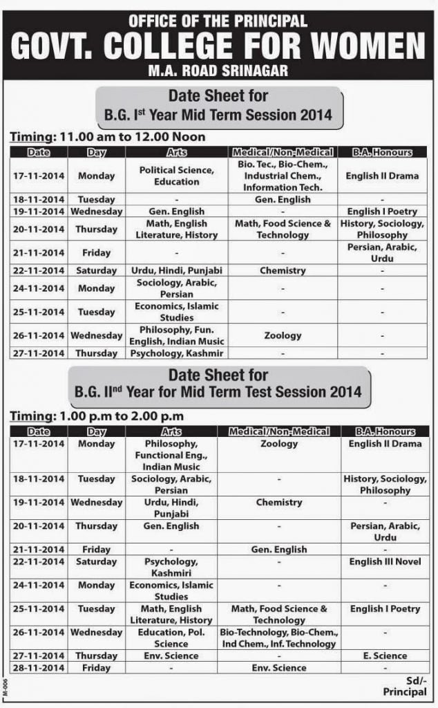 Date Sheet for Mid-Term Examination BG 1st Year & 2nd Year, Government College for Women, Srinagar