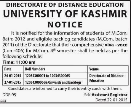 Viva-voce schedule for M.Com (Distance Mode) 4th Semester