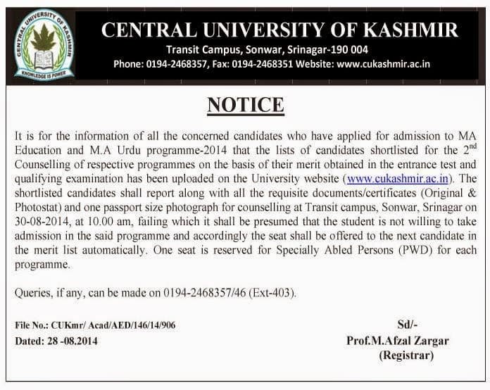 Notification for CUK M.A Education & M.A Urdu Programme – 2014