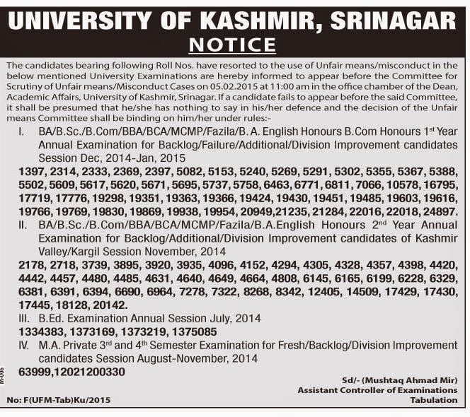 Notice for candidates guilty of using Unfair means/misconduct in KU examinations