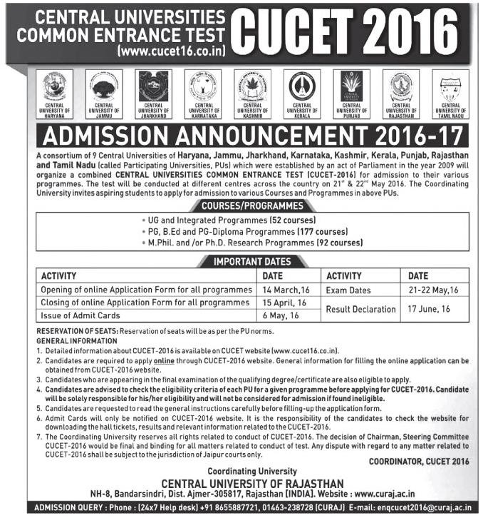CUCET: Admission Announcement 2016-17