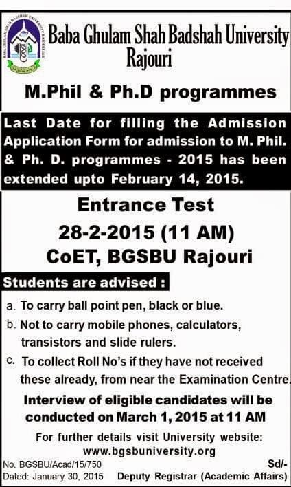 BGSBU Rajouri extends last date for M.Phil & Ph.D Admission Applications