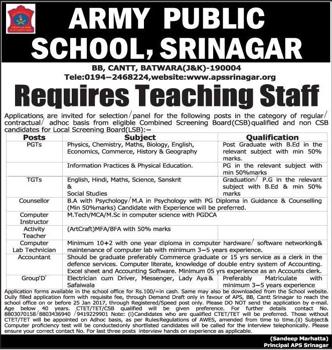 Army Public School Srinagar requires teaching staff