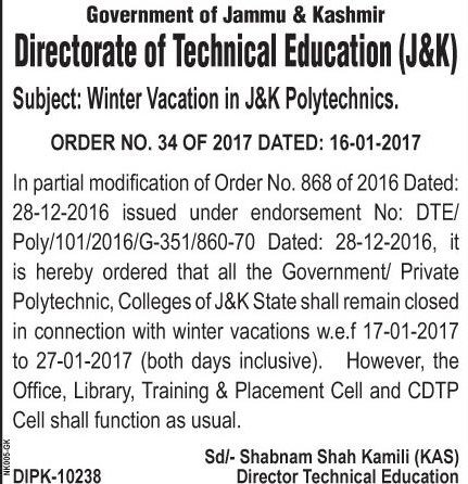 Winter vacation for Polytechnic Colleges from today