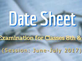 Date Sheet for T1 Examination for Classes 8th & 9th (June-July 2017)
