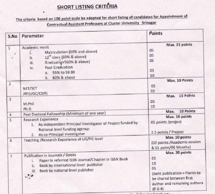 Cluster University of Jammu Contractual Lecturer Recruitment 2017 - Short Listing Criteria