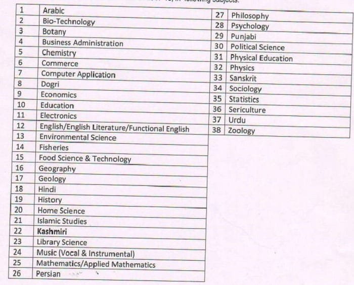Streams and Subjects for which job applications under J&K Academic Arrangement Jobs for Degree Colleges of Jammu Division 2017 are invited