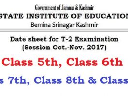 Date Sheet for T2 Examination of Classes 5th, 6th, 7th, 8th & 9th (Oct-Nov 2017)