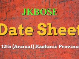 JKBOSE Date Sheet for Class 12th (Annual) Kashmir Province 2017