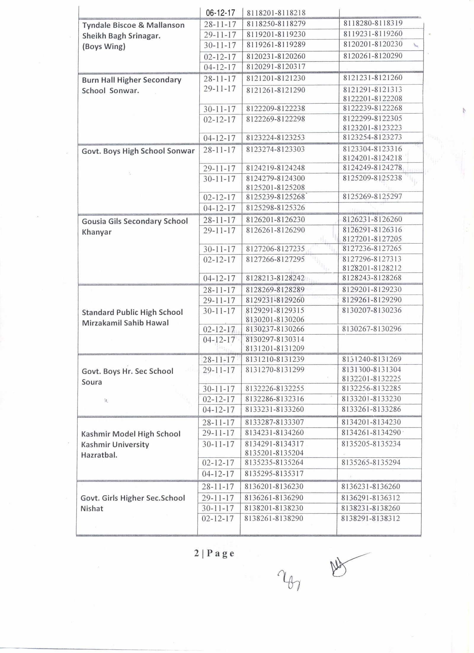 JKBOSE Practical Date Sheet for Class 10th Annual Regular 2017