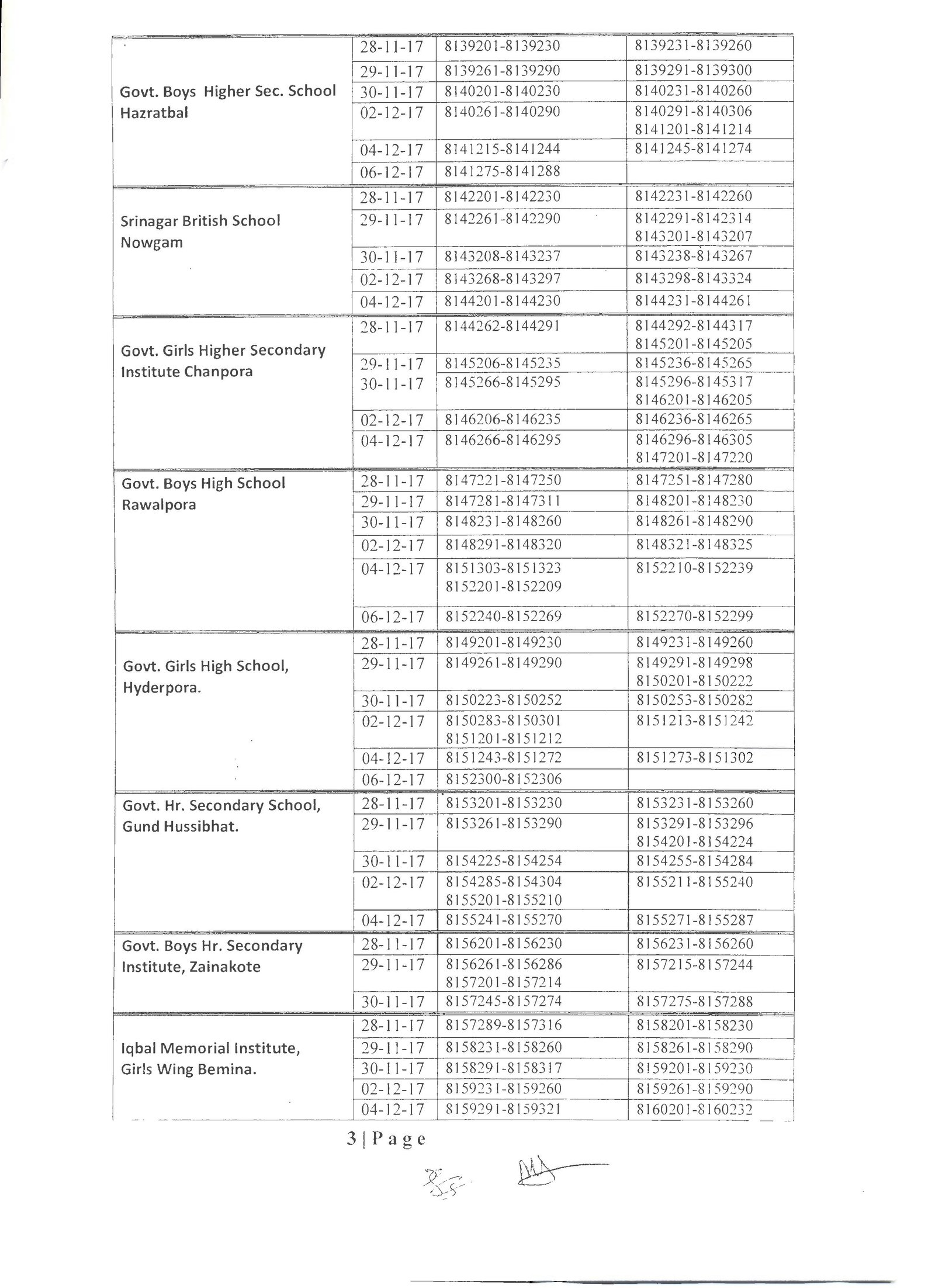 JKBOSE Practical Date Sheet for Class 10th Annual Regular 2017
