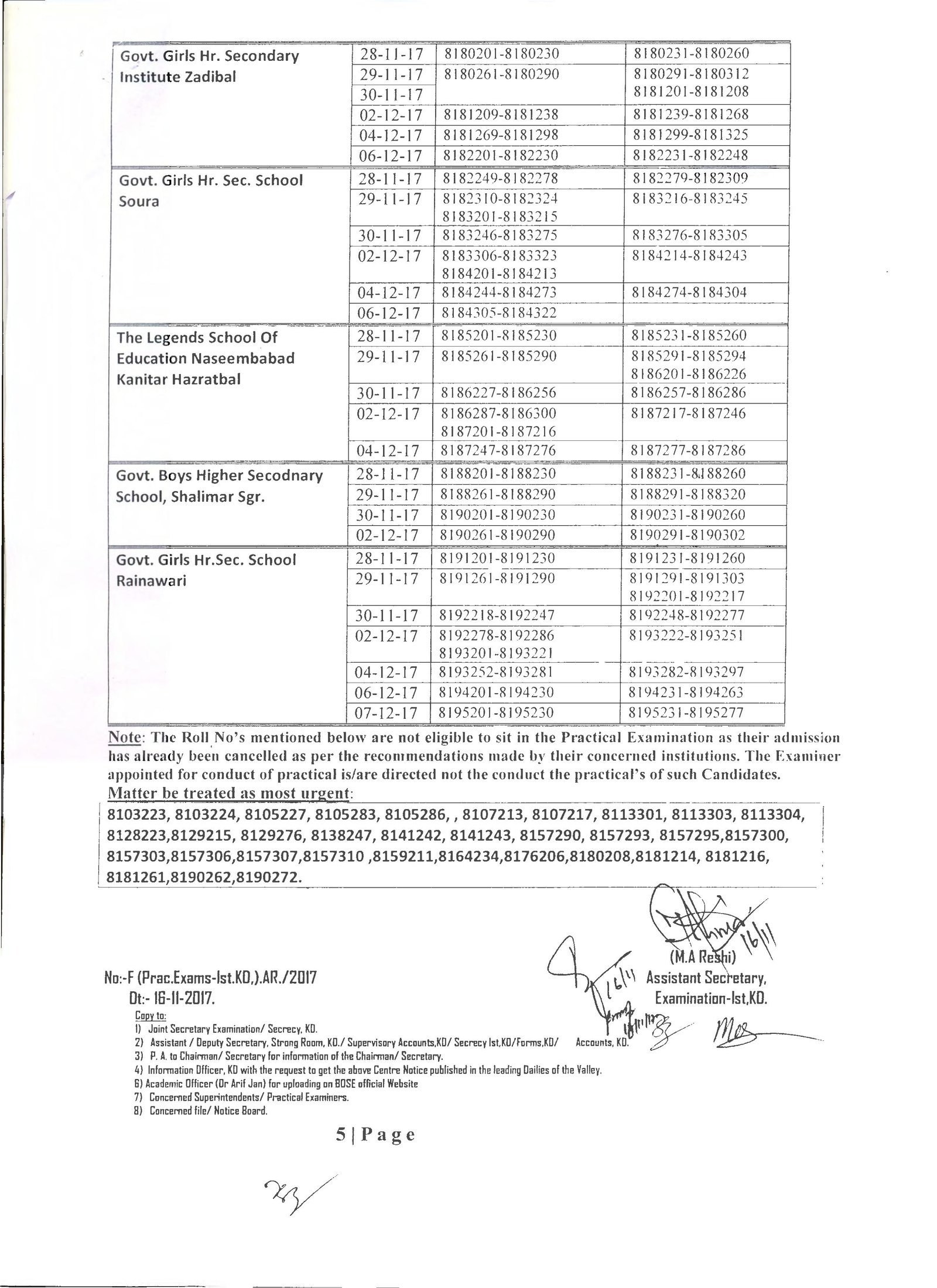 JKBOSE Practical Date Sheet for Class 10th Annual Regular 2017