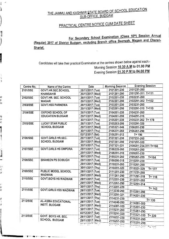 Practical Centre Notice cum Date Sheet for Class 10th Session Annual Regular 2017 of District Budgam