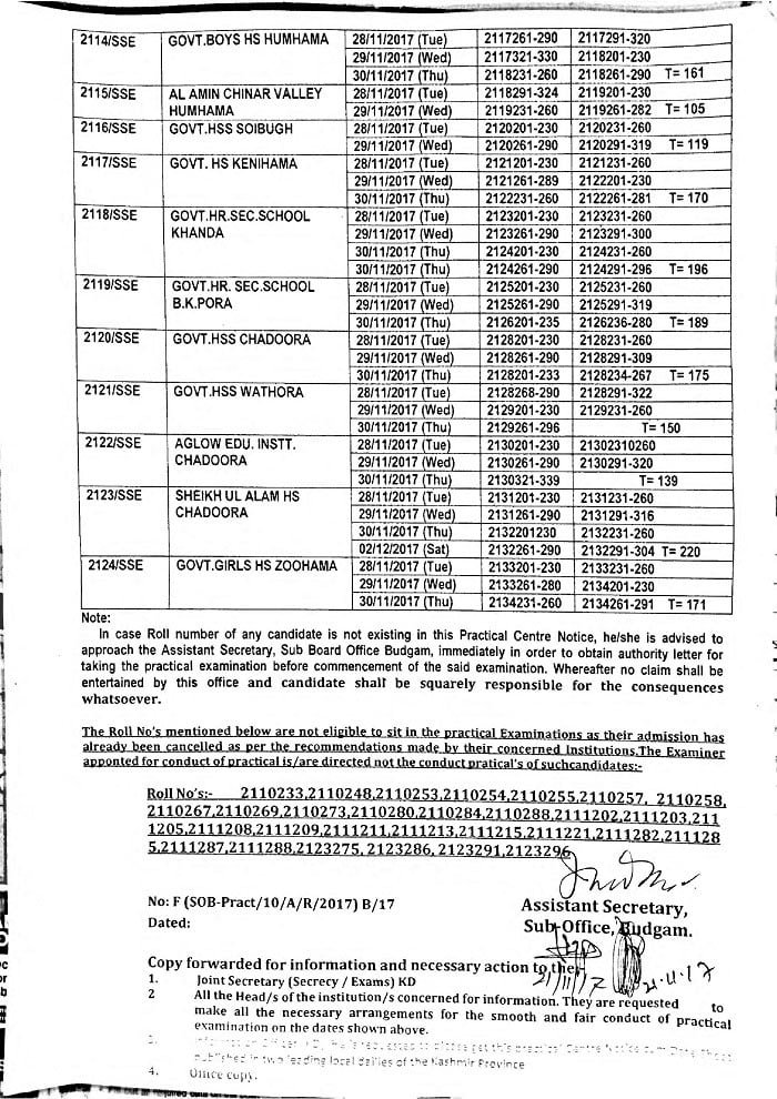 Practical Centre Notice cum Date Sheet for Class 10th Session Annual Regular 2017 of District Budgam