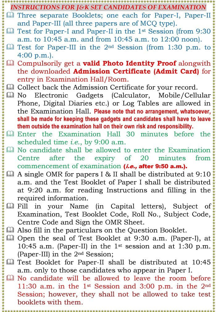 J&K SET Exam 2018: Important Instructions for Candidates