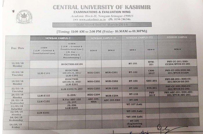 Central University of Kashmir Date Sheet for ESE (March - 2018)