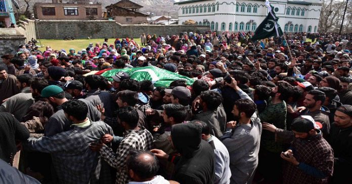 Mourners carrying the body of slain militant Shabir Ahmed killed in Balhama encounter