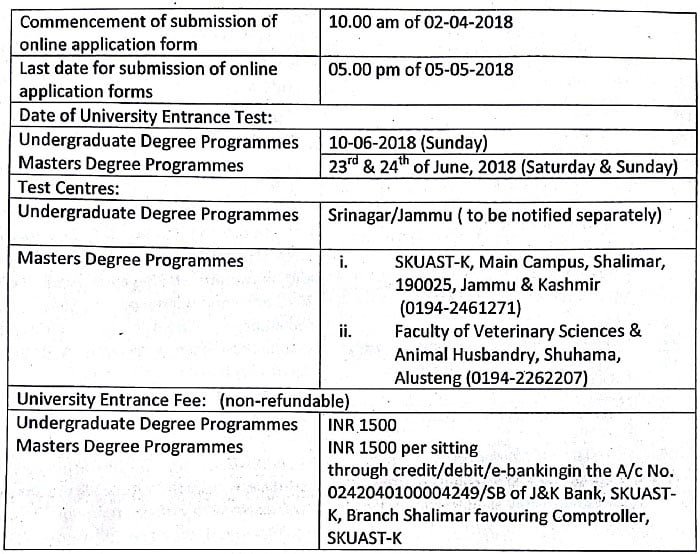 SKUAST Kashmir Undergraduate & Post Graduate Admissions 2018 - Schedule of Main Events