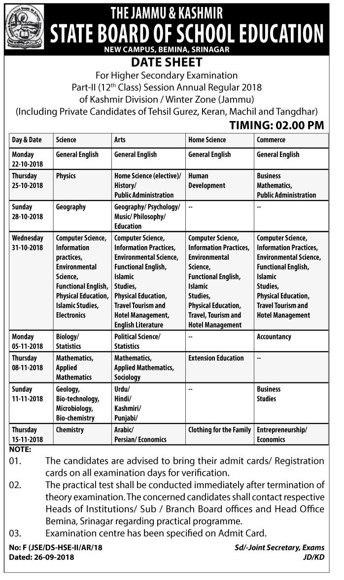 JKBOSE Date Sheet for Class 12th Annual Exam 2018 for Kashmir Division / Winter Zone Jammu