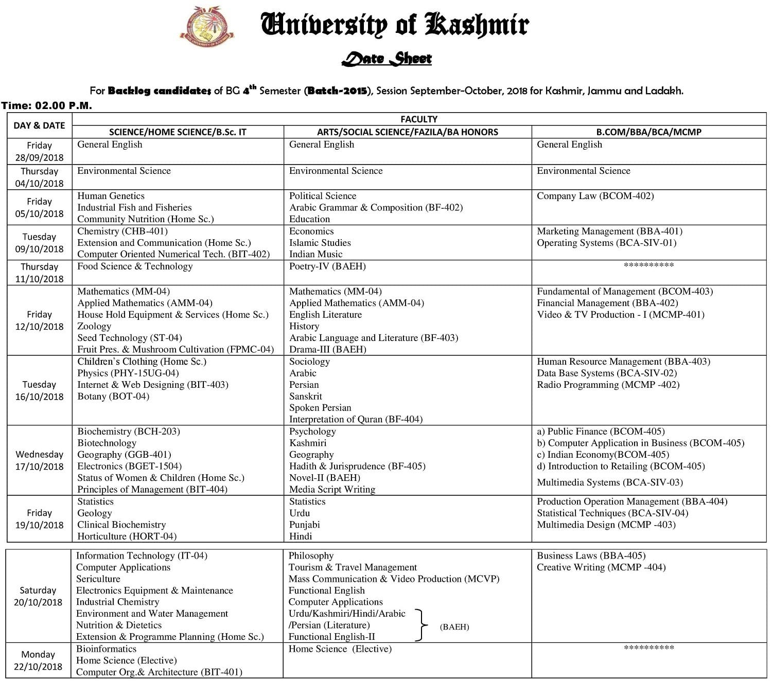 Date Sheet for BG 4th Semester (Backlog - Batch 2015)