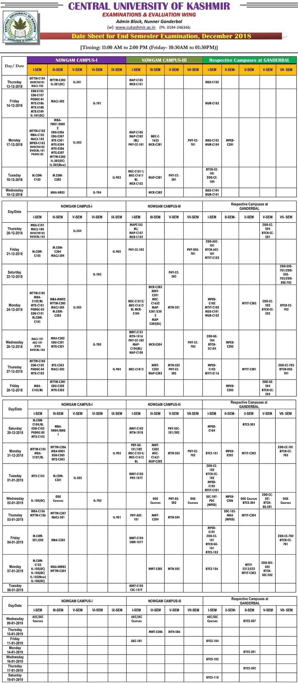 CUK Revised Date Sheet for End Semester Exam (Dec 2018)