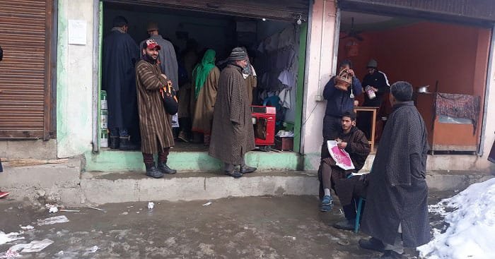 People throng shops for application forms and xerox outside District Employment & Counselling Centre Pulwama