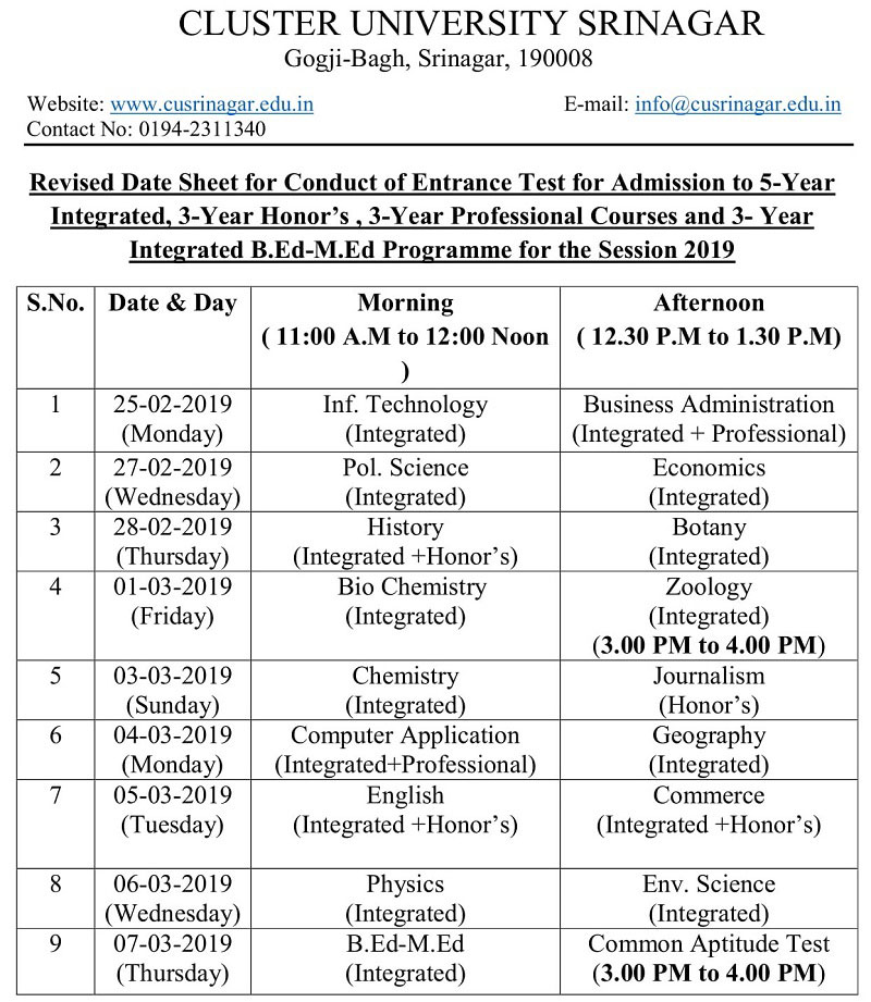 CUS Revised Entrance Test Date Sheet for Integrated, Honors & Professional Courses 2019