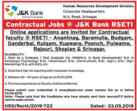 J&K Bank Recruitment 2019 for Faculty Posts in 11 Districts