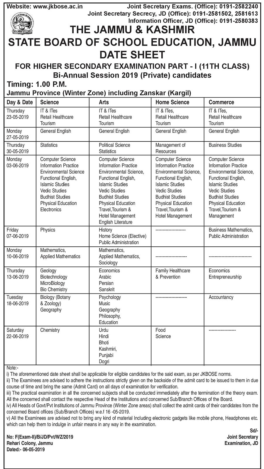 JKBOSE Date Sheet for Class 11th (Bi-Annual) Exam 2019 of Jammu Province
