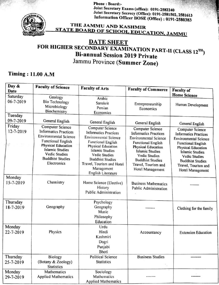 JKBOSE Date Sheet for Class 12th (Bi-Annual) Exam 2019 for Jammu Province