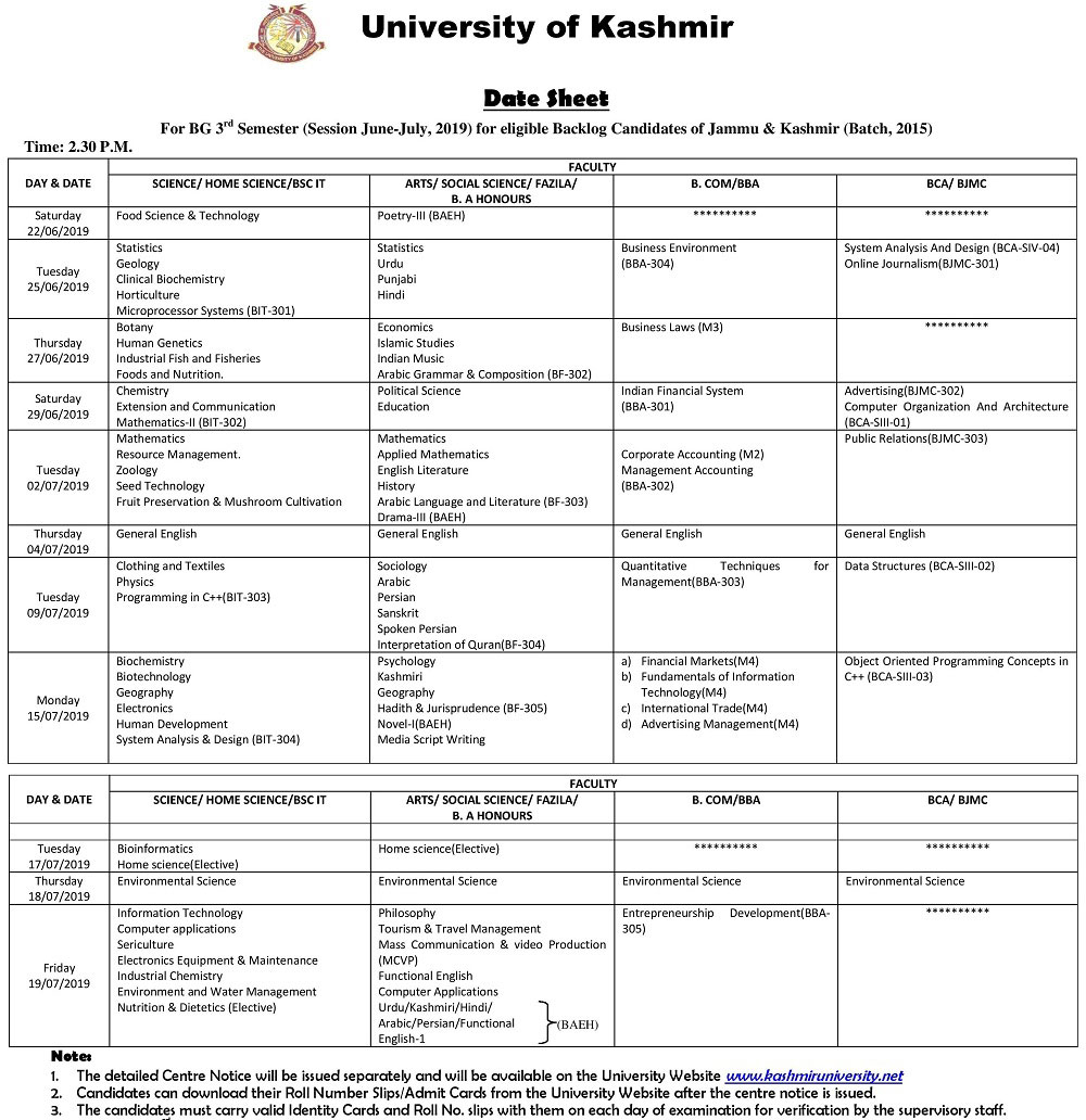 KU Date Sheet for BG 3rd Semester Exam 2019 (Backlog Batch 2015)