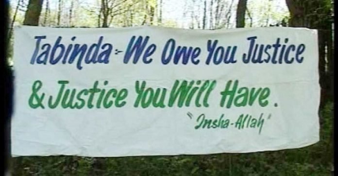 Banner with slogans demanding justice for Tabinda Gani Banner with slogans demanding justice for Tabinda Gani