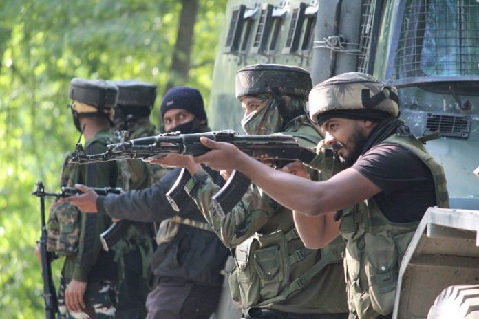 Government forces during a gunfight in Kashmir