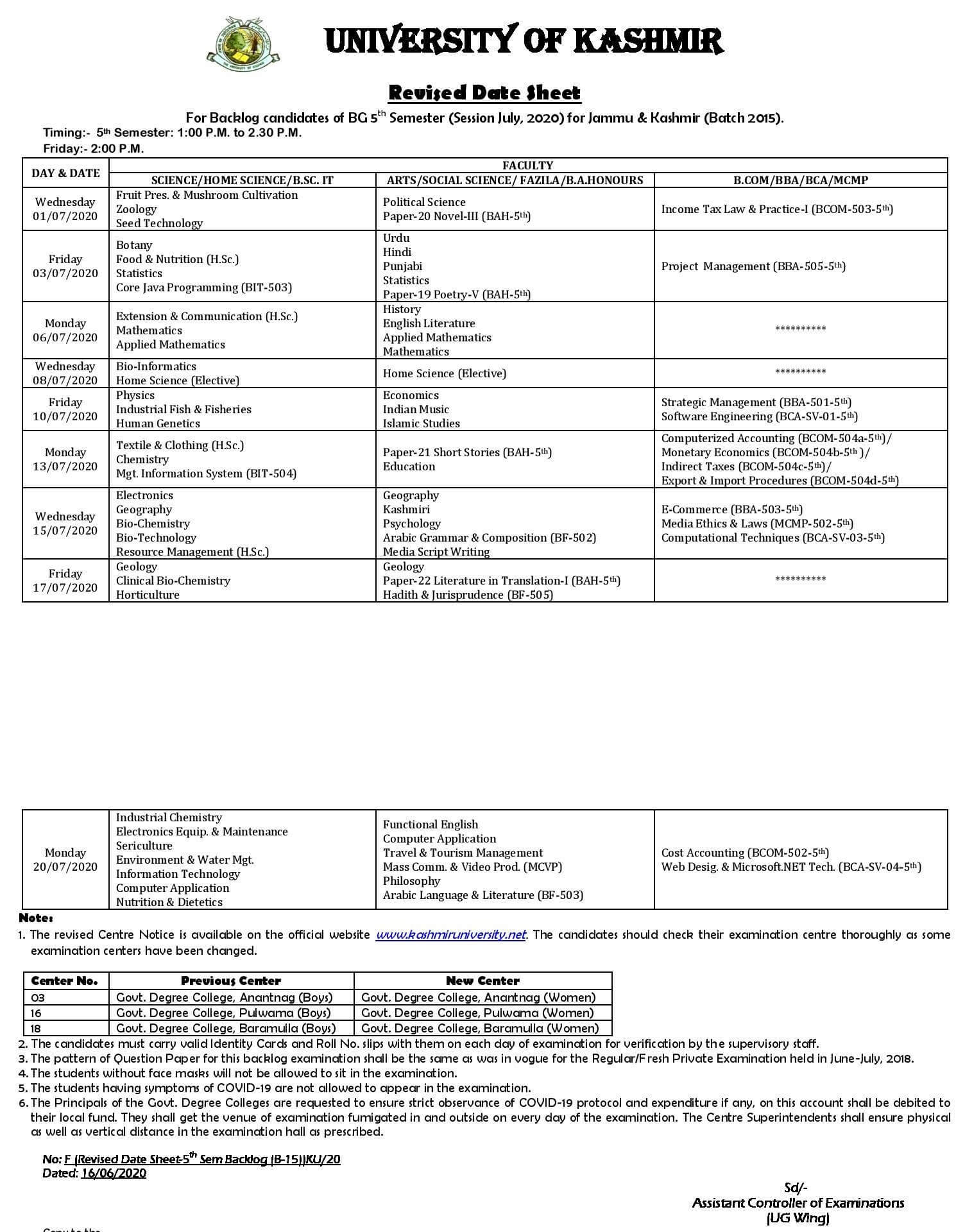KU Revised Date Sheet for BG 5th Semester (Backlog; Batch 2015)
