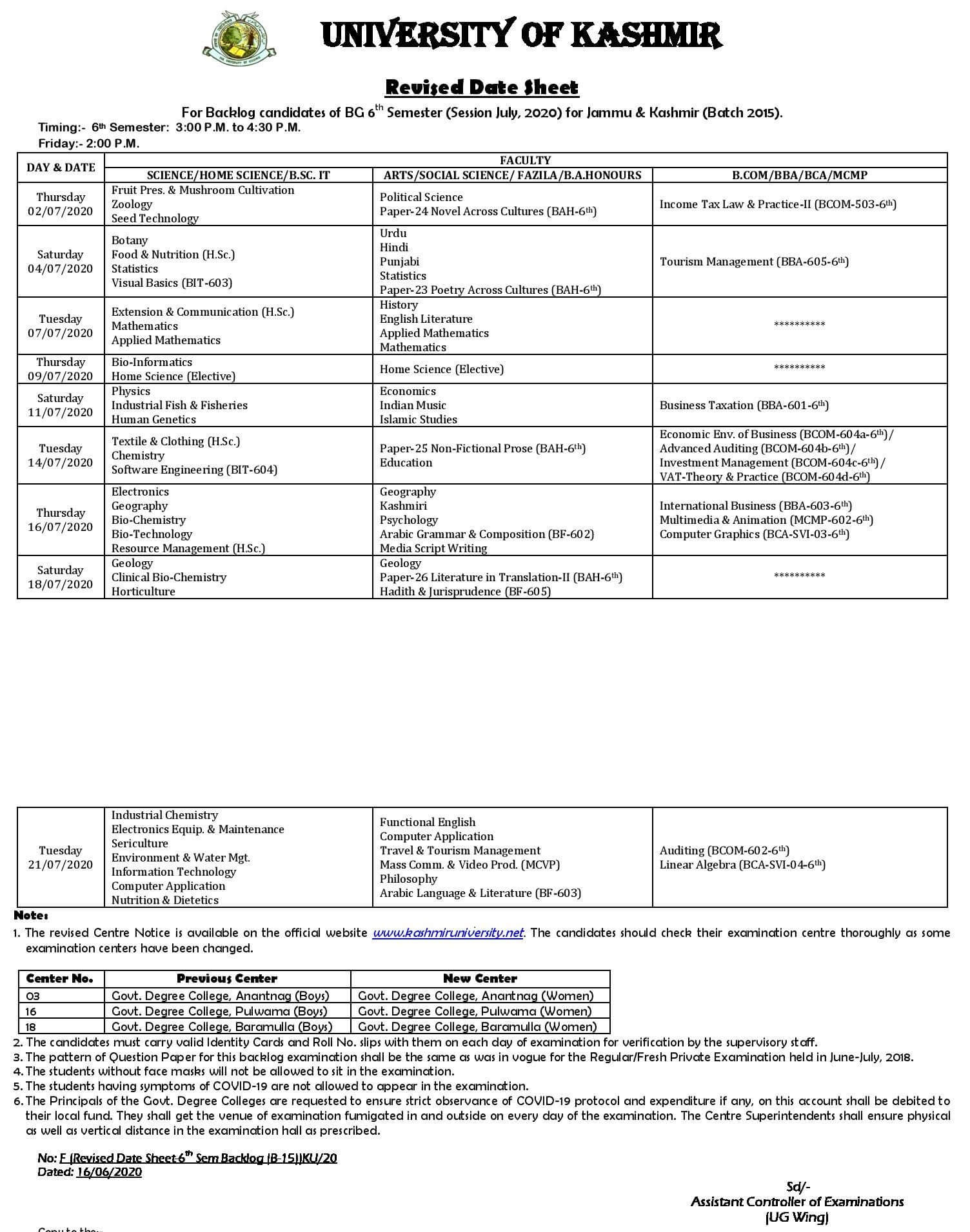 KU Revised Date Sheet for BG 6th Semester (Backlog; Batch 2015)
