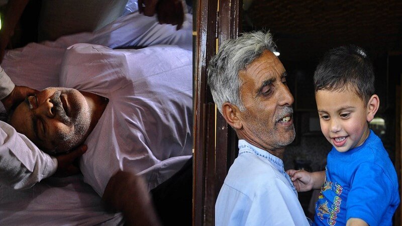 Two Frames of the story: The deceased Bilal Khan (Left) and his grandson Ayaad after brought to his home in Srinagar (Right)