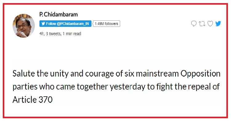 Article 370: Chidambaram 'salutes' political parties for joining hands