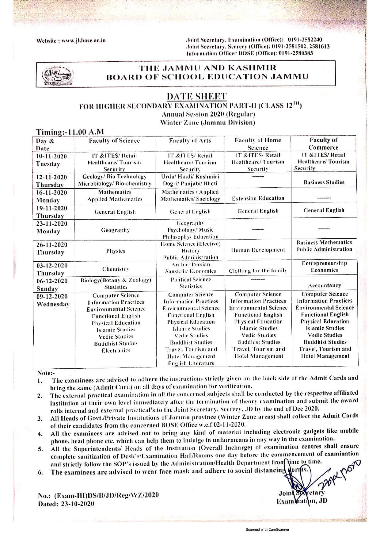 JKBOSE Date Sheet for Class 12th Annual Exam 2020 (Jammu Division)