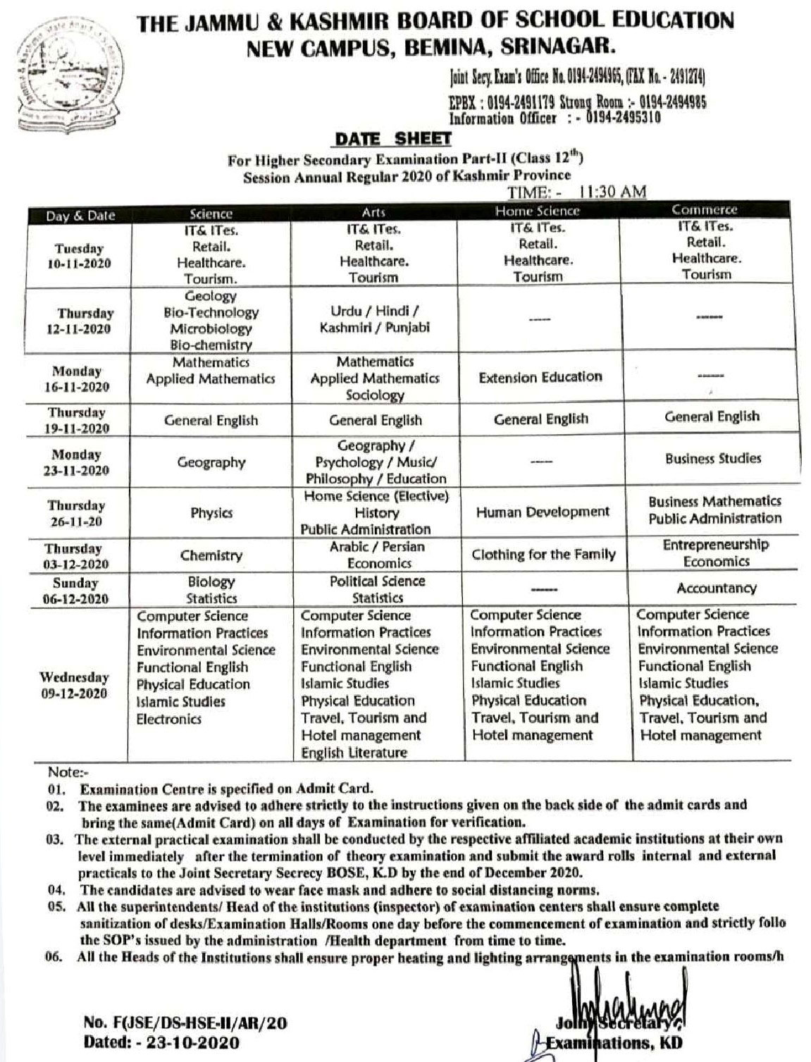 JKBOSE Date Sheet for Class 12th Annual Exam 2020 (Kashmir Division)