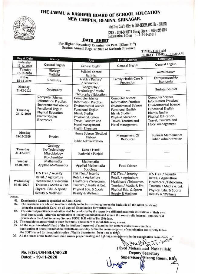 JKBOSE Date Sheet for Class 11th Annual Exam 2020 (Kashmir Division)