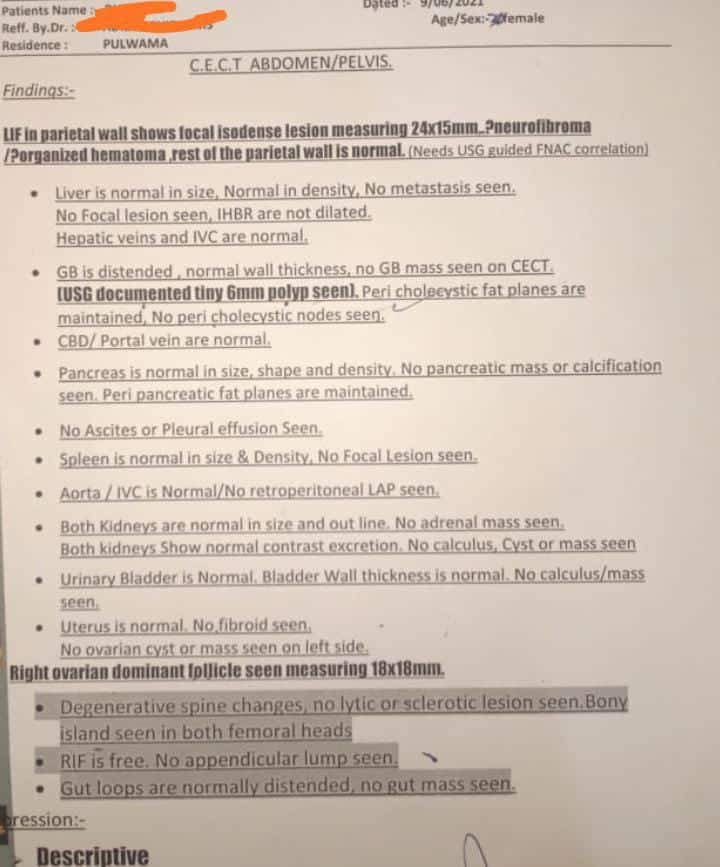 Test Report Findings of the patient