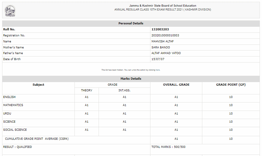 Mehvish Altaf — Pulwama girl scores 100% in JKBOSE Class 10th exam
