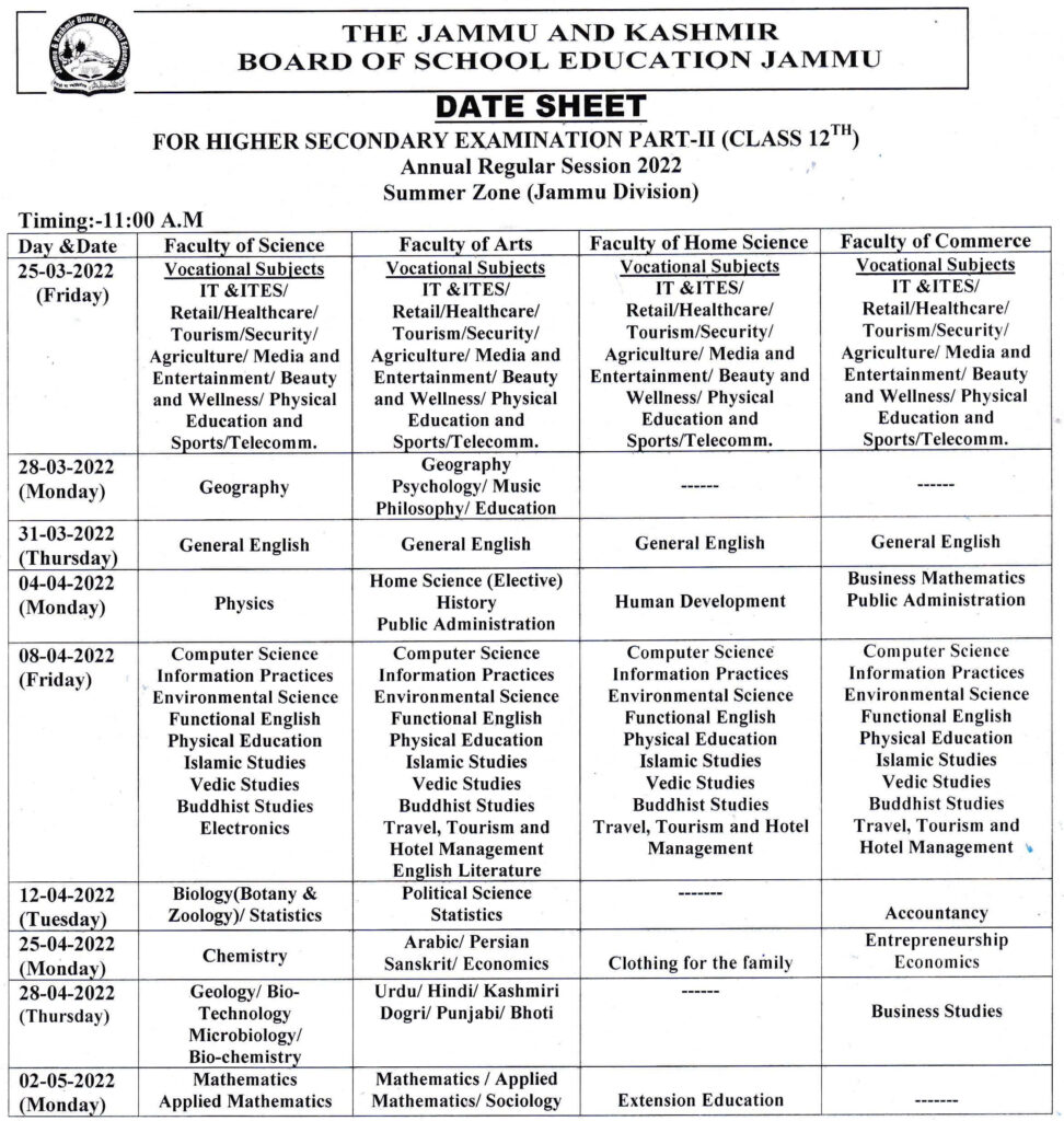 JKBOSE Class 12th Date Sheet for Jammu Annual Regular 2022