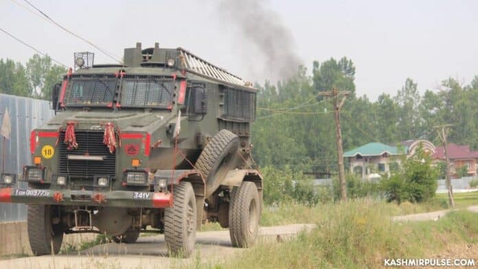 An Indian Army vehicle during a combat in south Kashmir