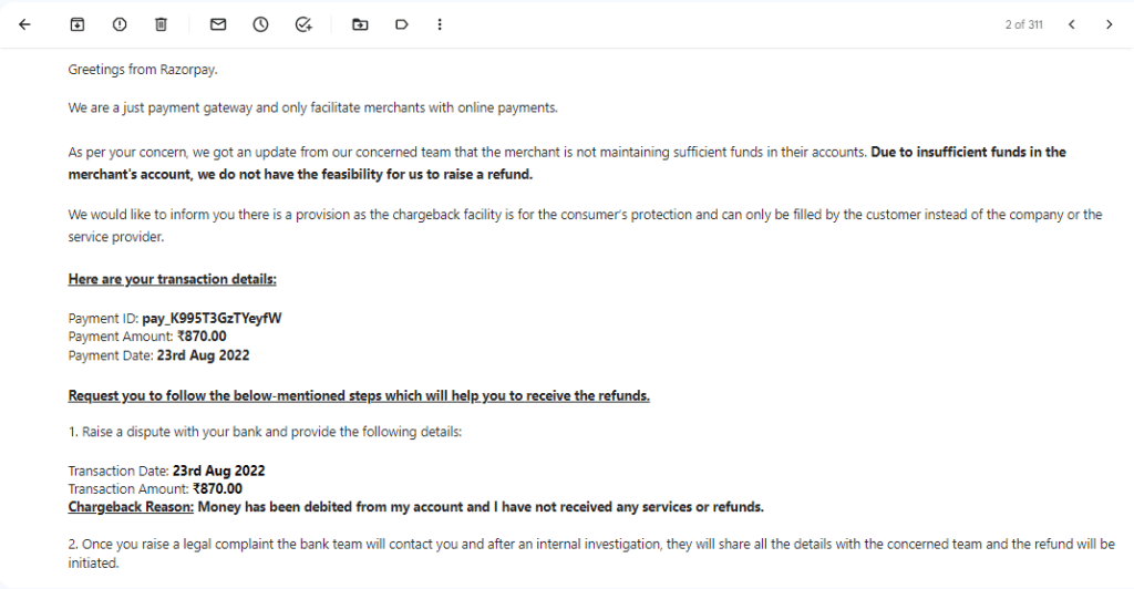 Email response from a RazorPay customer support