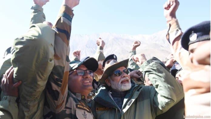 Narendra Modi during Diwali festival celebrations with members of the Armed Forces in Kargil