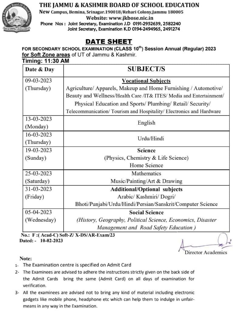 Datesheet for Class 10th Session Annual Regular 2023 (Soft Zone) J&K UT